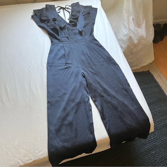 WHISTLES navy blue satin ruffle sleeveless wide straight leg cropped jumpsuit